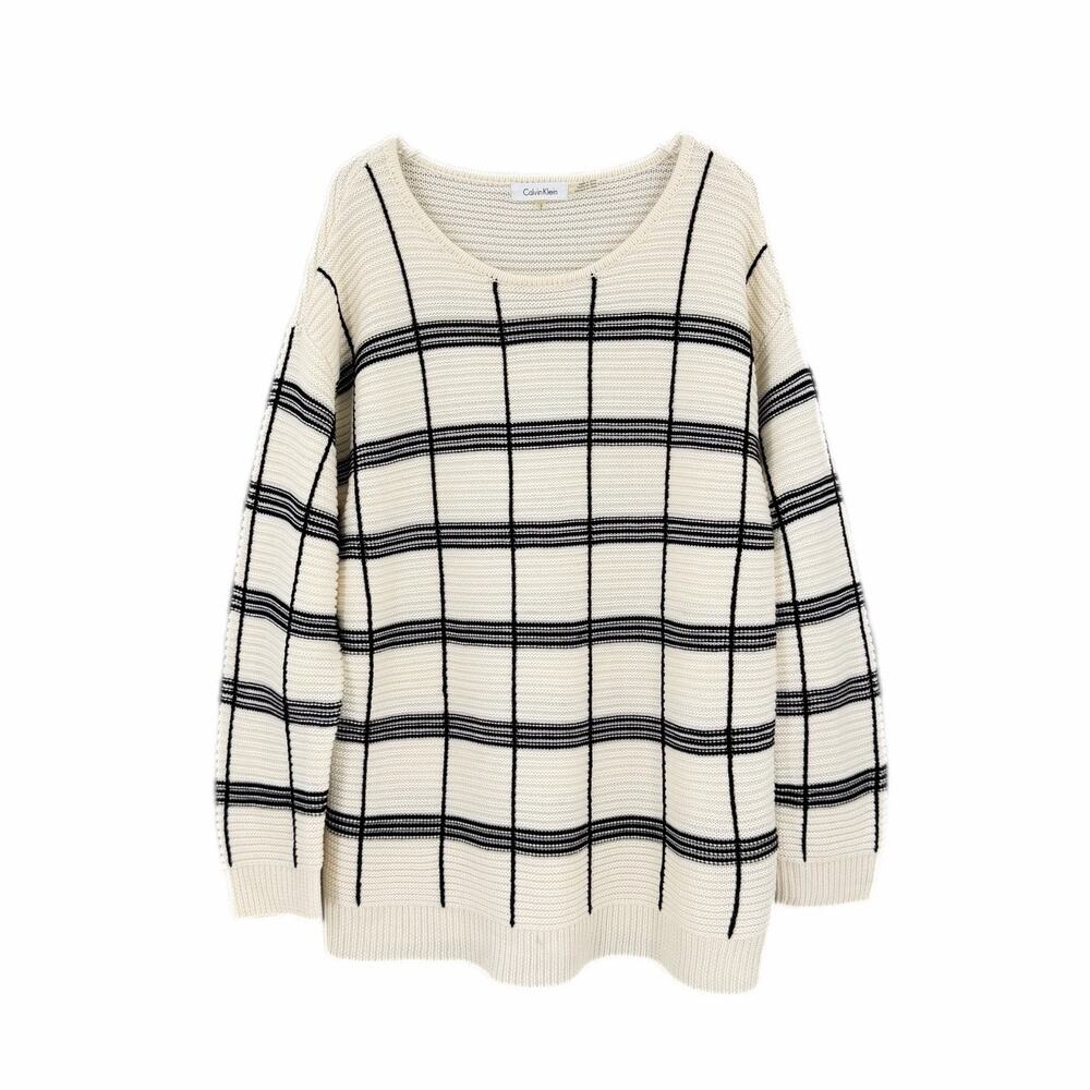 Calvin Klein Cream Black Check Plaid Pullover Relaxed Classic Everyday Sweater - Picture 6 of 12